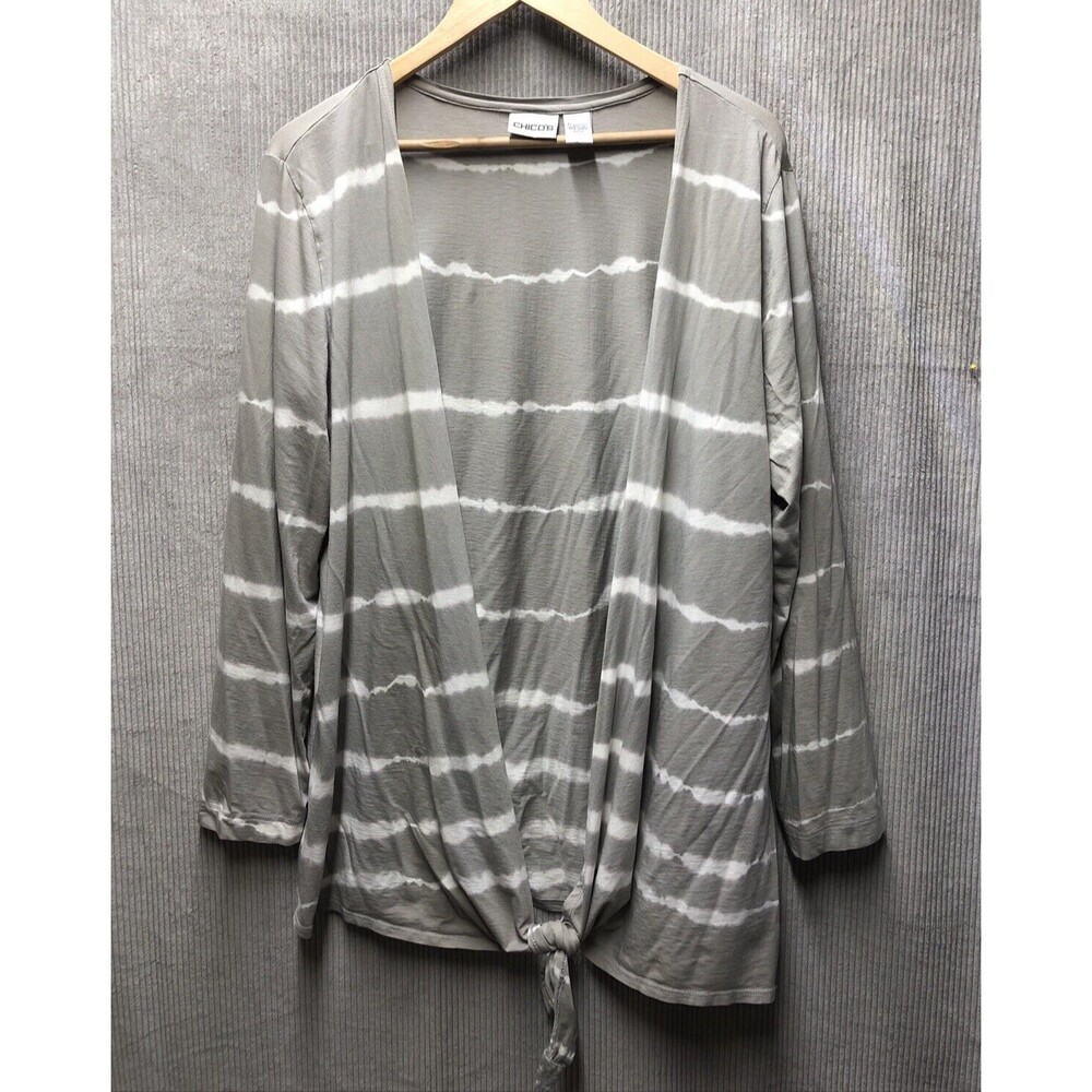 Chicos Womens Cardigan 2 Gray White Waterfall Front Tie Lightweight Lagenlook
